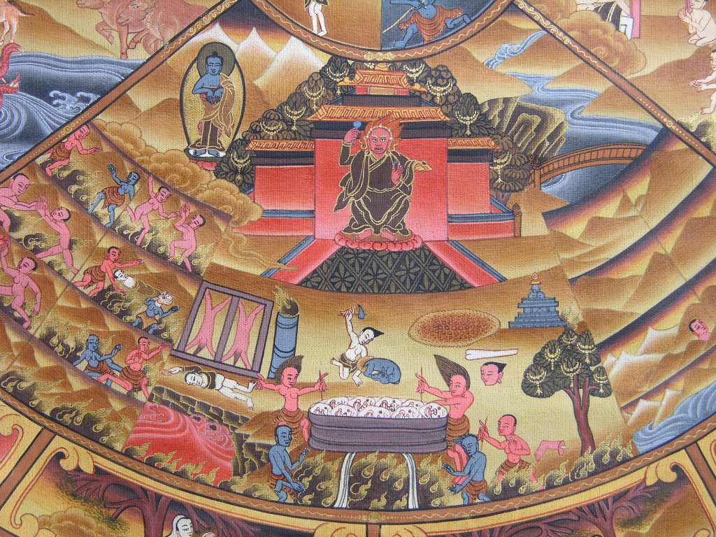 Tibetan Buddhism Wheel Of Life 06 06-1 Hell Beings The sector at the very bottom depicts hell, shown as a place of intense pain and torment, where its victims are subjected to the most excruciating tortures. Normally hell is divided into 8 hot hells, 8 cold hells, and minor hells. Hell could also represent acute mental suffering, maybe even insanity. Yama holds a mirror to reflect our mind and past actions, and a set of scales for us to measure the causes of our hatred and anger and their negative effects. The blue coloured Buddha offers the hell beings nectar, which gives them ease from their mental torture.